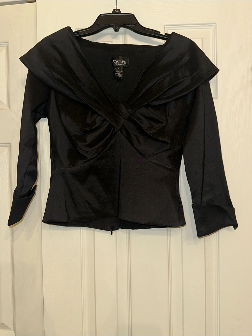 Xscape Black Satin Draped V-Neck Evening Top